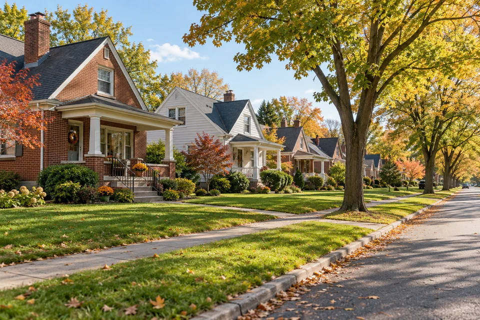 Tree-lined residential neighborhood in the Flint, Michigan region.