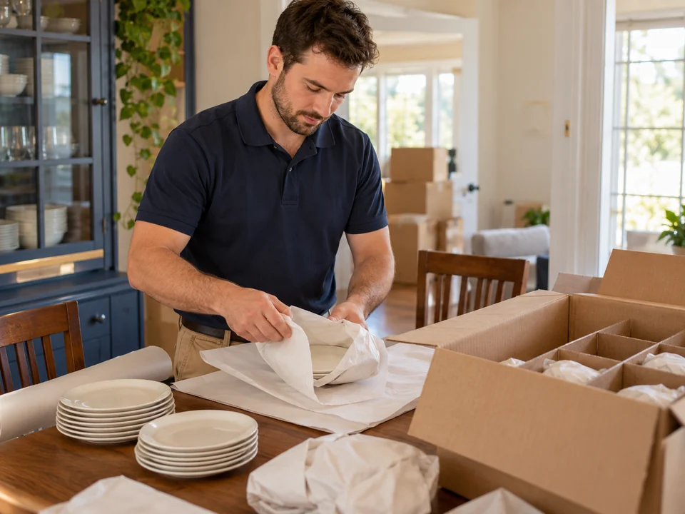 A mover cushioning dishes with packing paper.