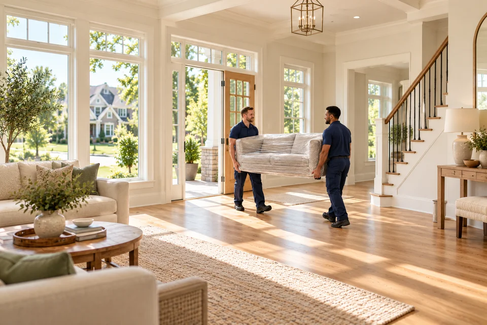 Professional movers carrying a protected sofa in a bright Michigan home.