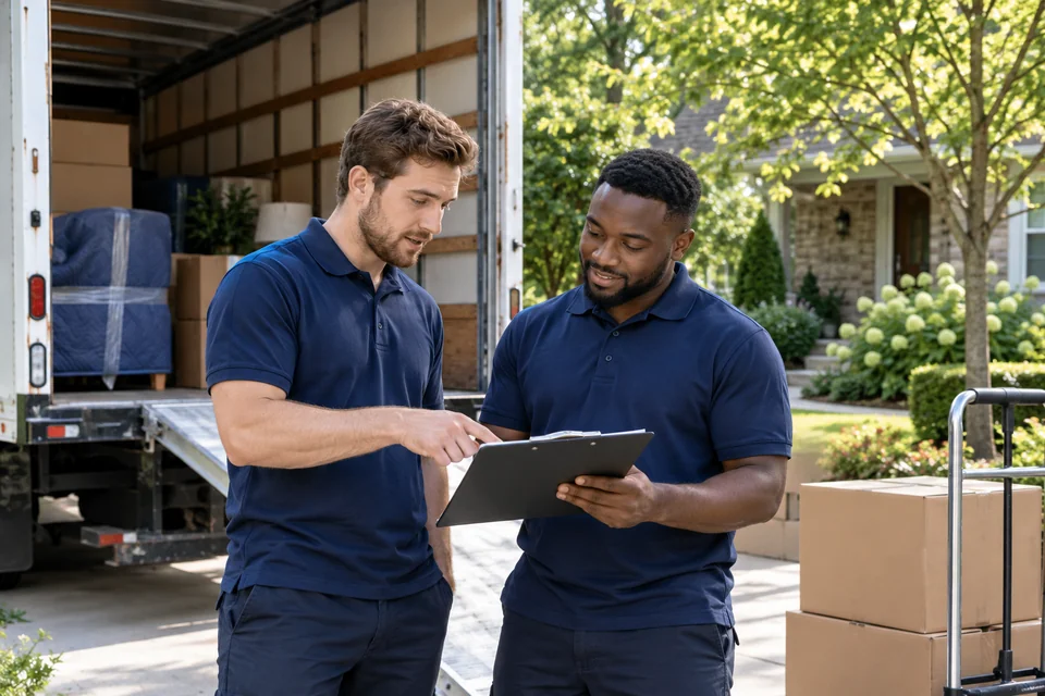 Two movers discussing a plan beside a moving truck.
