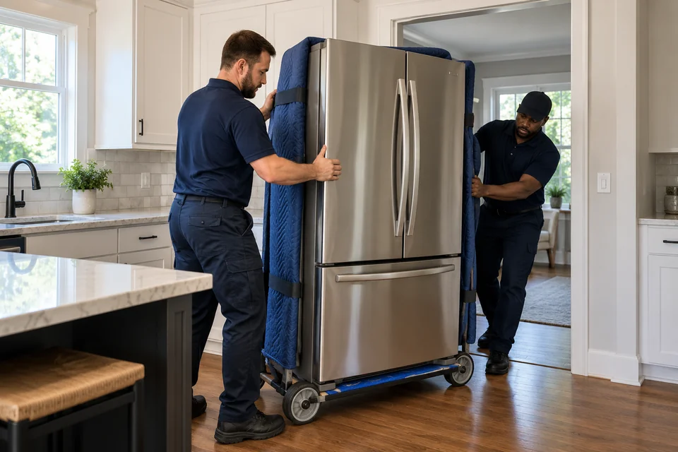 Movers transporting a protected household appliance on a dolly.