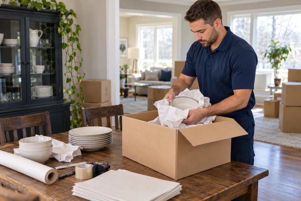 A mover cushioning dishes with packing paper.